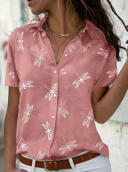 Women's Summer Cross-border Dragonfly Flower Print Short Sleeve Shirt