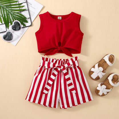 Girls' Summer New Striped Sleeveless Suit