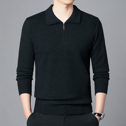 Men's Lapel Pullover Long Sleeve Knitted Sweater-100% Wool