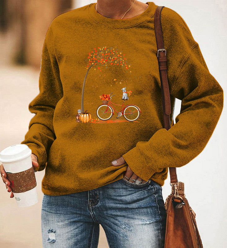 Bicycle Printing Long Sleeve Crew Neck Sweater Women