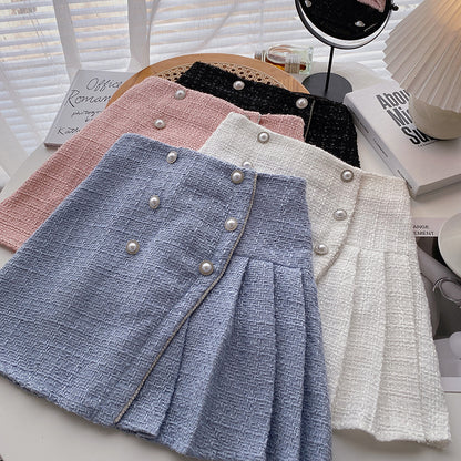 Irregular Pearl Buckle High Waist Pleated A- Line Skirt