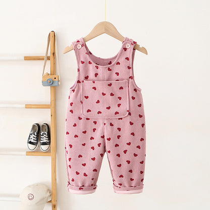 Fashion Girls Heart Printing Corduroy Overalls