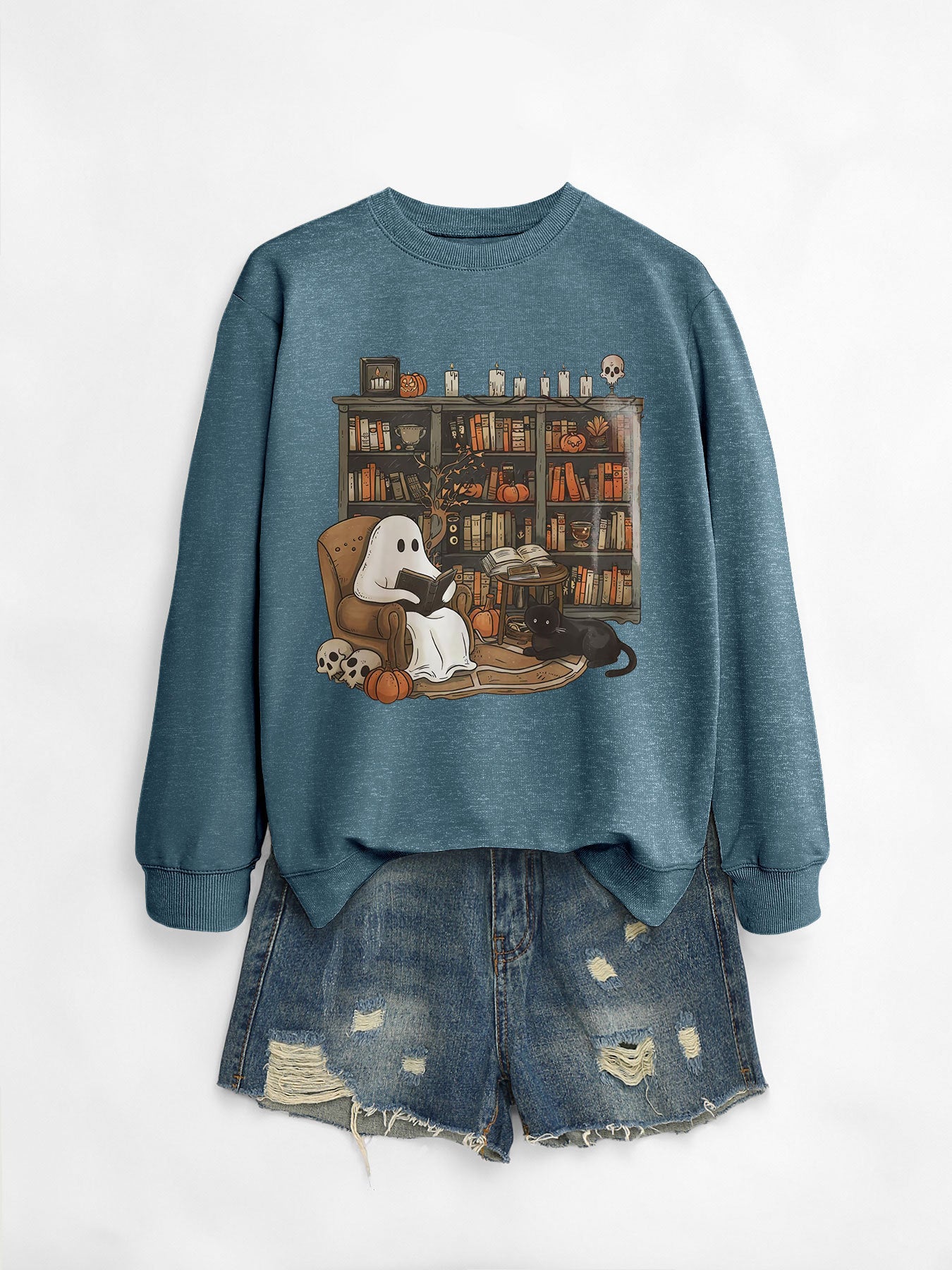 Womens Printed Bookshelf Ghost Black Cat Round Neck Sweater