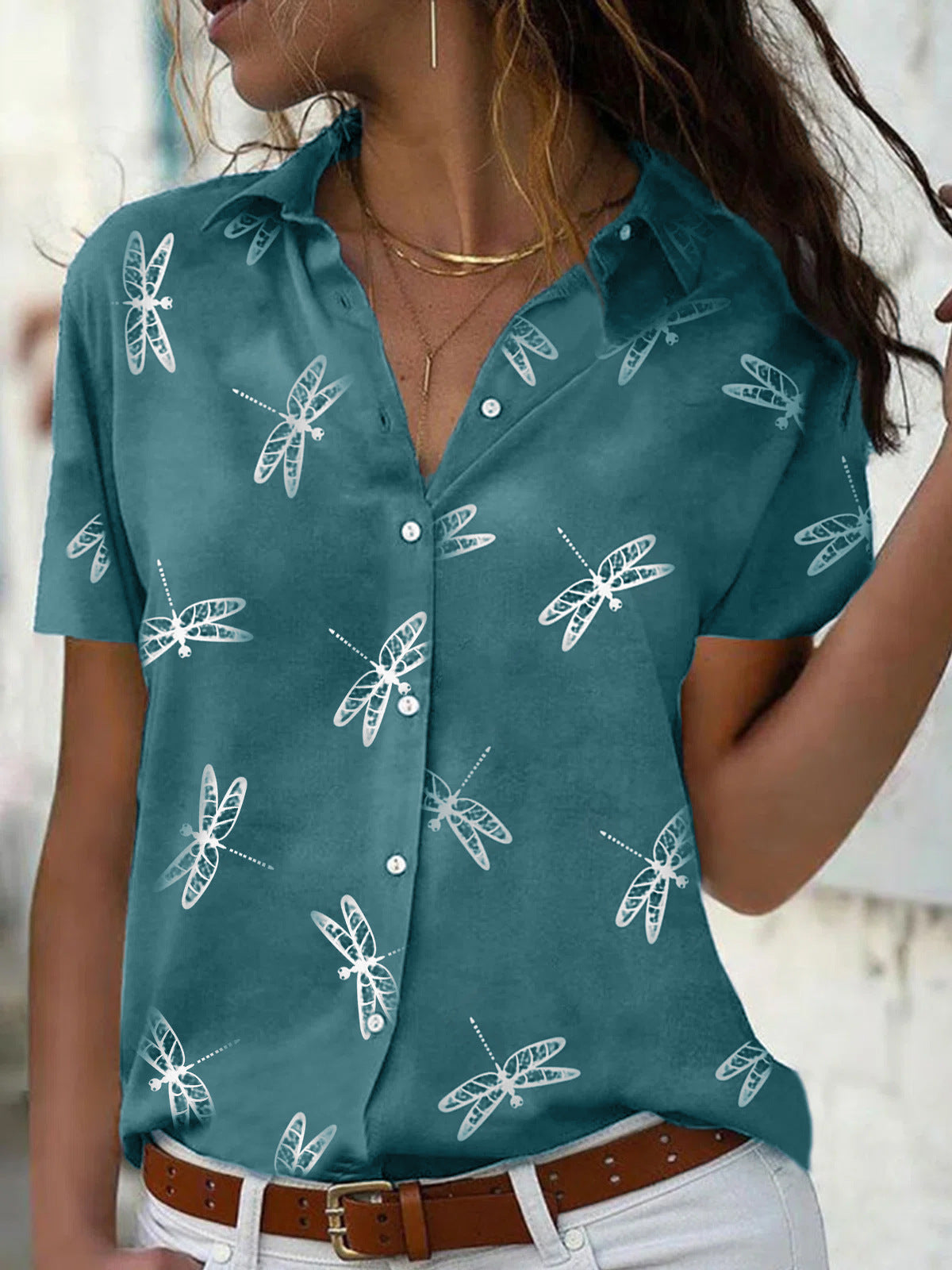 Women's Summer Cross-border Dragonfly Flower Print Short Sleeve Shirt