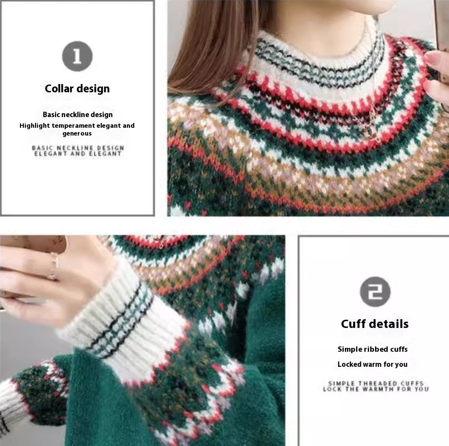 Loose Outerwear Vintage Jacquard Knit Sweater Top For Women