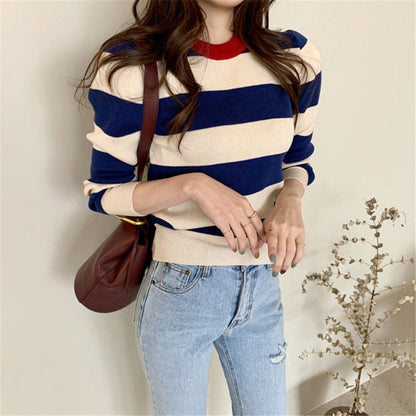 Retro Outer Wear Pullover Horizontal Striped Sweater Women