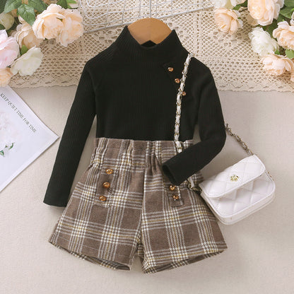 Girls' Autumn And Winter Suit Children High Neck Ribbing Top Plaid Woolen Shorts Trendy Two-piece Suit