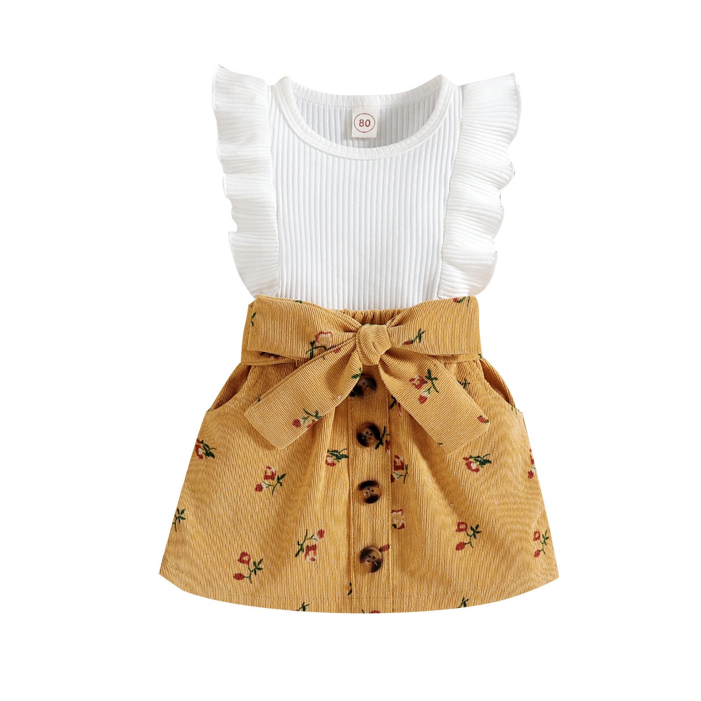 Kids Pit Strip Sleeves Floral Corduroy Skirt Two-piece Suit