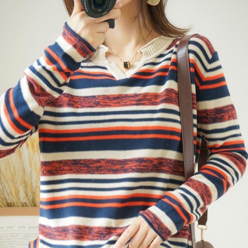 Striped V-neck Knitted Top Thin Plus Size Inner Bottoming Shirt