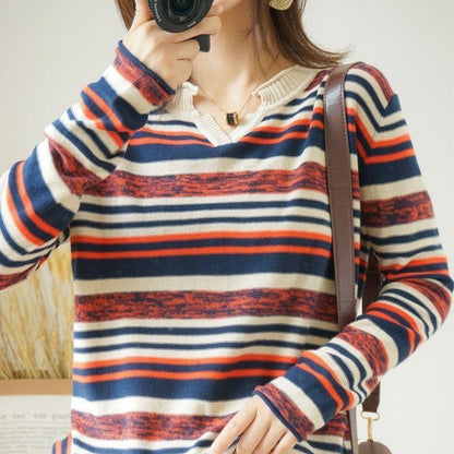 Striped V-neck Knitted Top Thin Plus Size Inner Bottoming Shirt