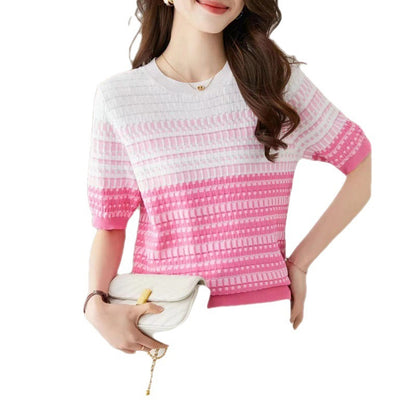 Women's Round Neck Contrast Color Jacquard Plaid Short-sleeved Sweater