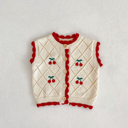 Children Cherry Embroidery Red-edged Knitted Coat