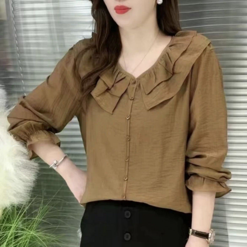 Round Neck Lace Solid Color Slimming Long-sleeved Shirt