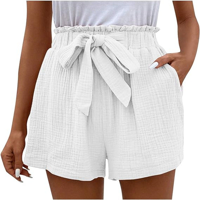 Elastic Waist Solid Color Casual Shorts Women Loose High Waist Simple Wide Leg