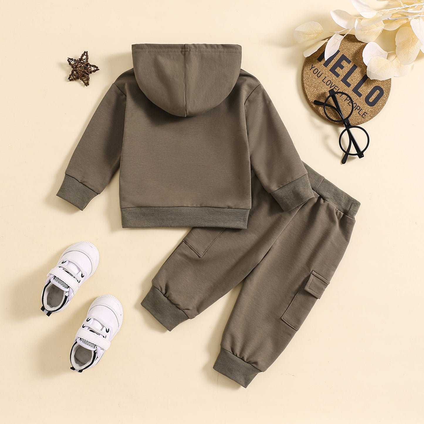 Solid Color Hooded Sweater With Pockets Overalls Suit Two-piece Set