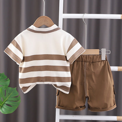 Casual Striped Short-sleeved Polo Shirt Two-piece Set