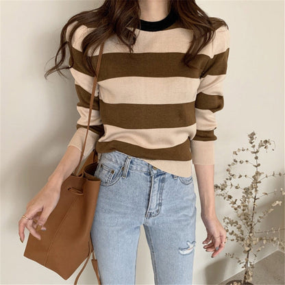 Retro Outer Wear Pullover Horizontal Striped Sweater Women