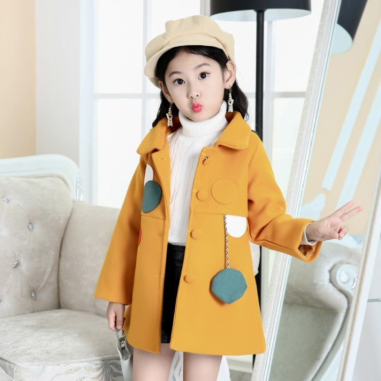 Girls Padded Lapel Color Matching Polka Dot Woolen Coat