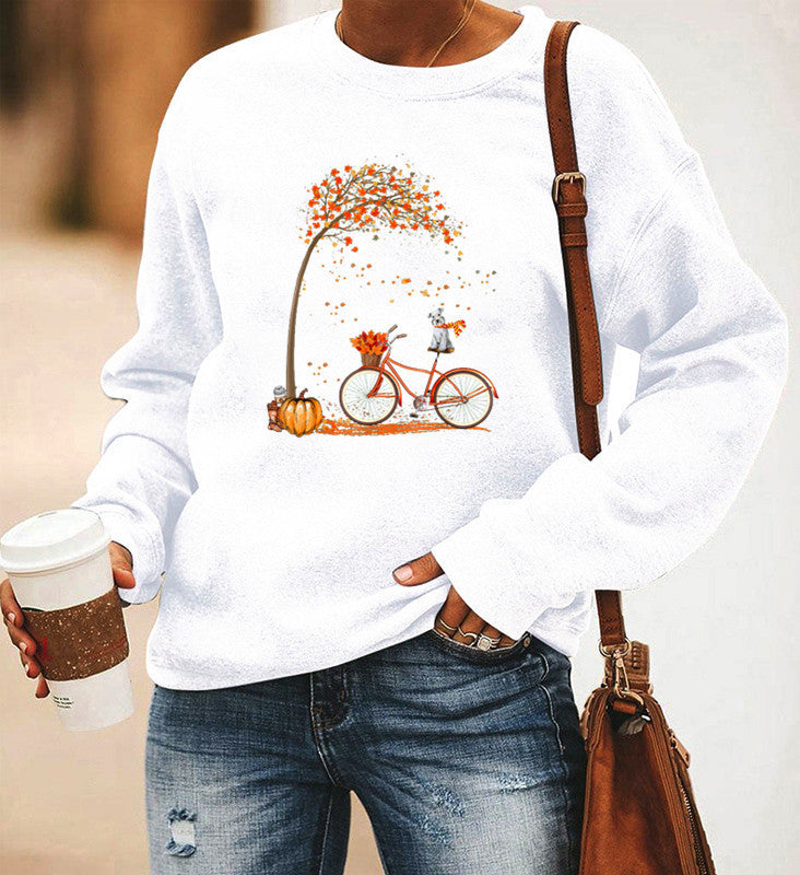 Bicycle Printing Long Sleeve Crew Neck Sweater Women