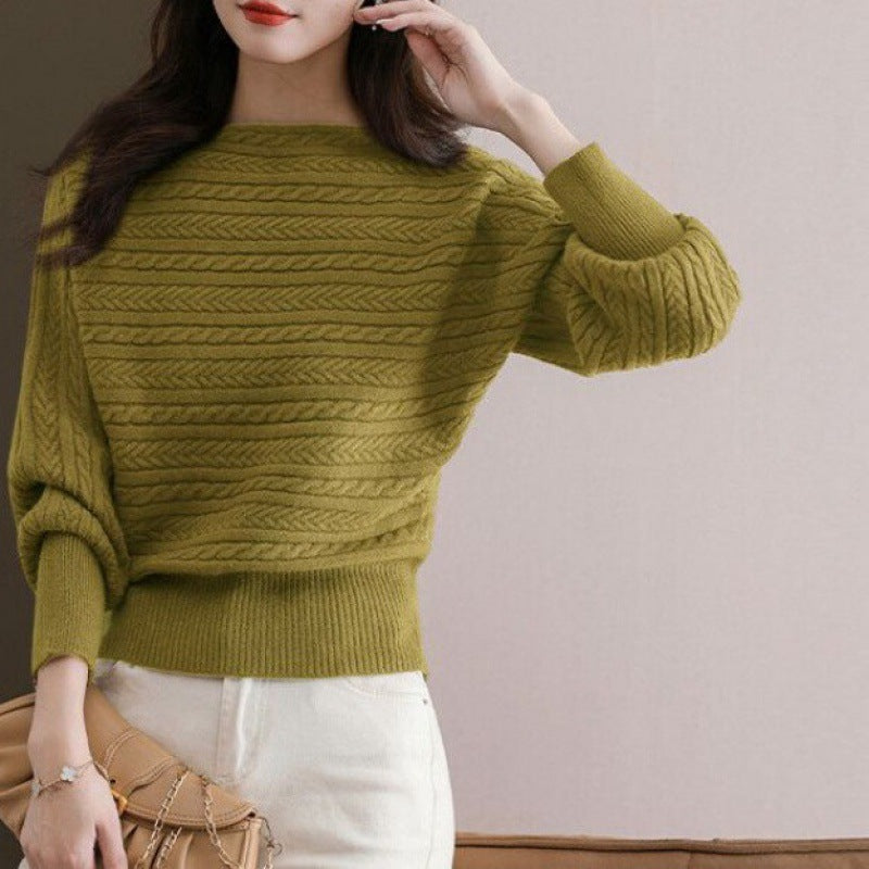 Womens Boat neck Loose-fitting Batwing Sleeve Shirt Knitted Top