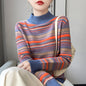 Mock-neck Stripes Wool Knitted Pullover Thick Sweater