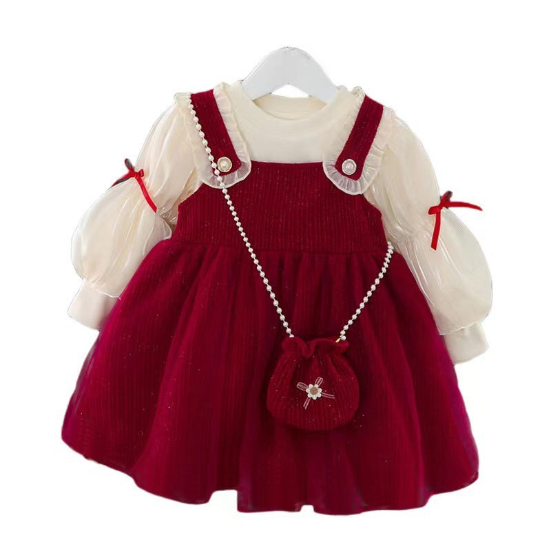 Girls' Bubble Sleeve Suspender Skirt Two-piece Suit