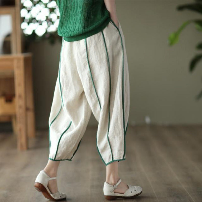 Summer Thin Striped Cotton And Linen Cropped Pants For Women