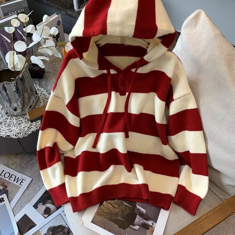 Spring And Autumn Stripes Hooded Sweater Women's Loose