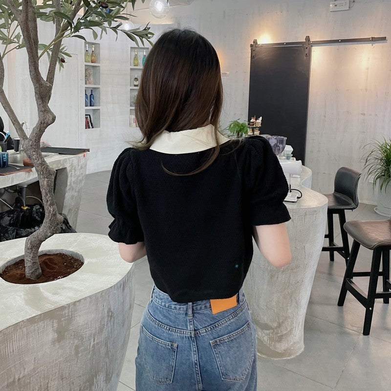 Doll Collar Puff Sleeve Sweater Women Polo Collar Retro Half-Sleeved Loose Crop Top