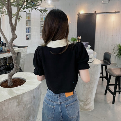 Doll Collar Puff Sleeve Sweater Women Polo Collar Retro Half-Sleeved Loose Crop Top