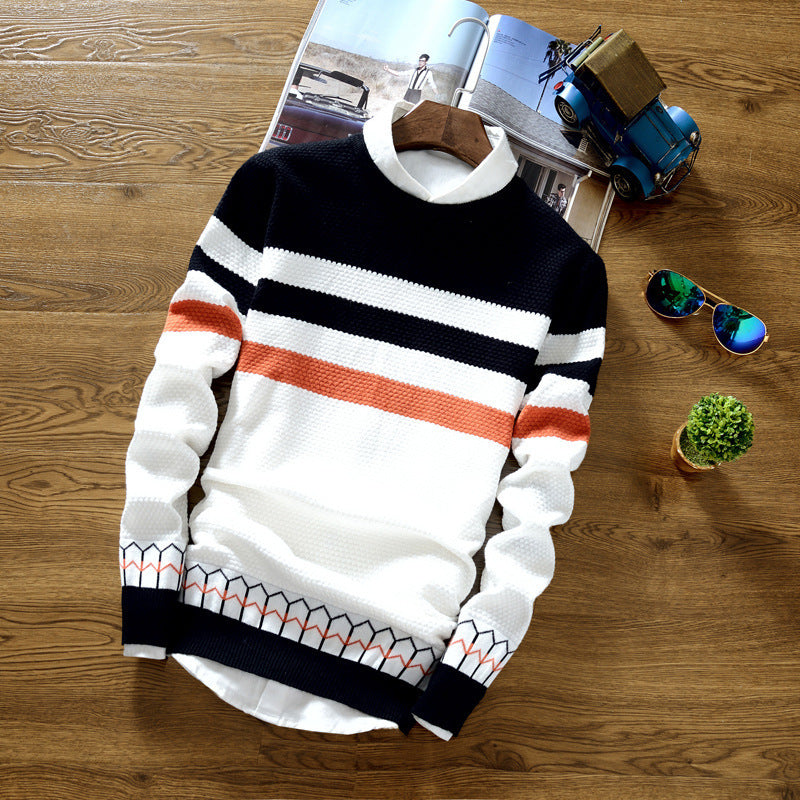 Mens Round neck striped knit sweater