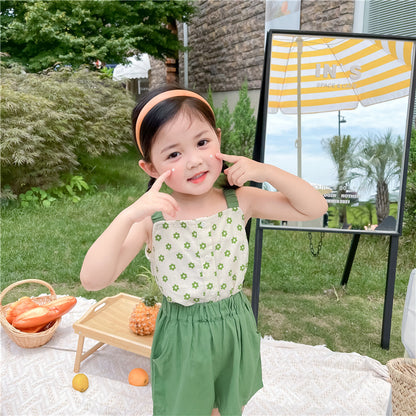 Girl Green Flower Camisole Top And  Shorts Two-piece Suit