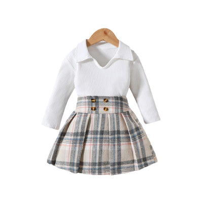 Children Striped Long Sleeve With College Style Plaid Pleated Short Skirt Two-piece Suit