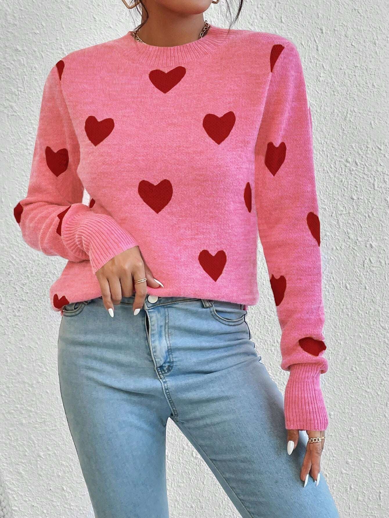 Leisure Heart Jacquard Long Sleeve Crew Neck Pullover Sweater