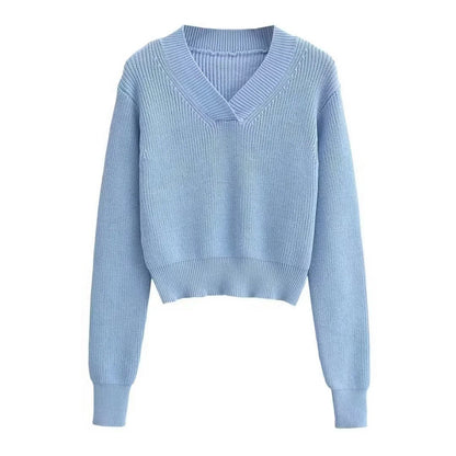 V-neck Thick Needle Pullover Cropped Sweater Autumn And Winter Women