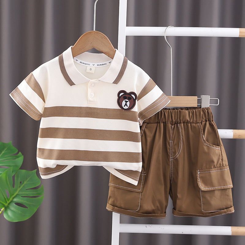 Casual Striped Short-sleeved Polo Shirt Two-piece Set