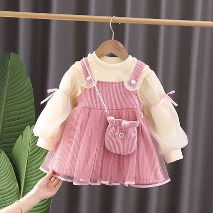 Girls' Bubble Sleeve Suspender Skirt Two-piece Suit