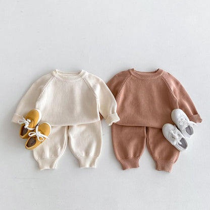 Pullover Raglan Long Sleeve Top And Trousers Autumn And Winter Knitting Suit