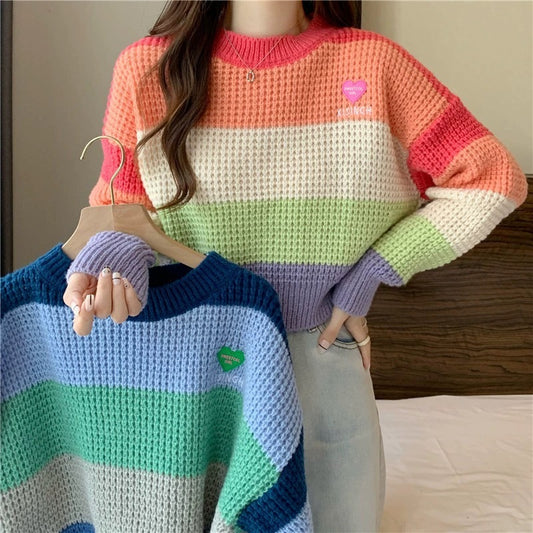 Loose Color Matching Knitwear Pullover Stripe Rainbow Sweater For Women