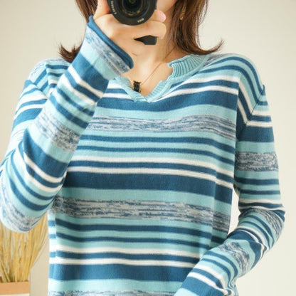 Striped V-neck Knitted Top Thin Plus Size Inner Bottoming Shirt