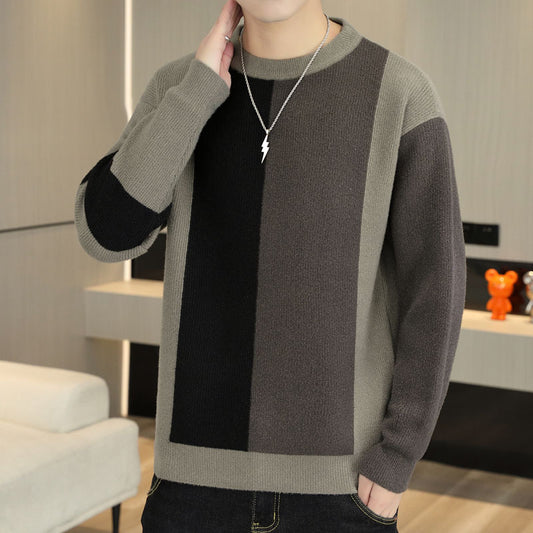 Mens Color-block Crew Neck Warm Sweater