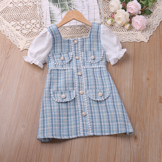 Plaid Pearl Buckle Classic Style Bubble Dress