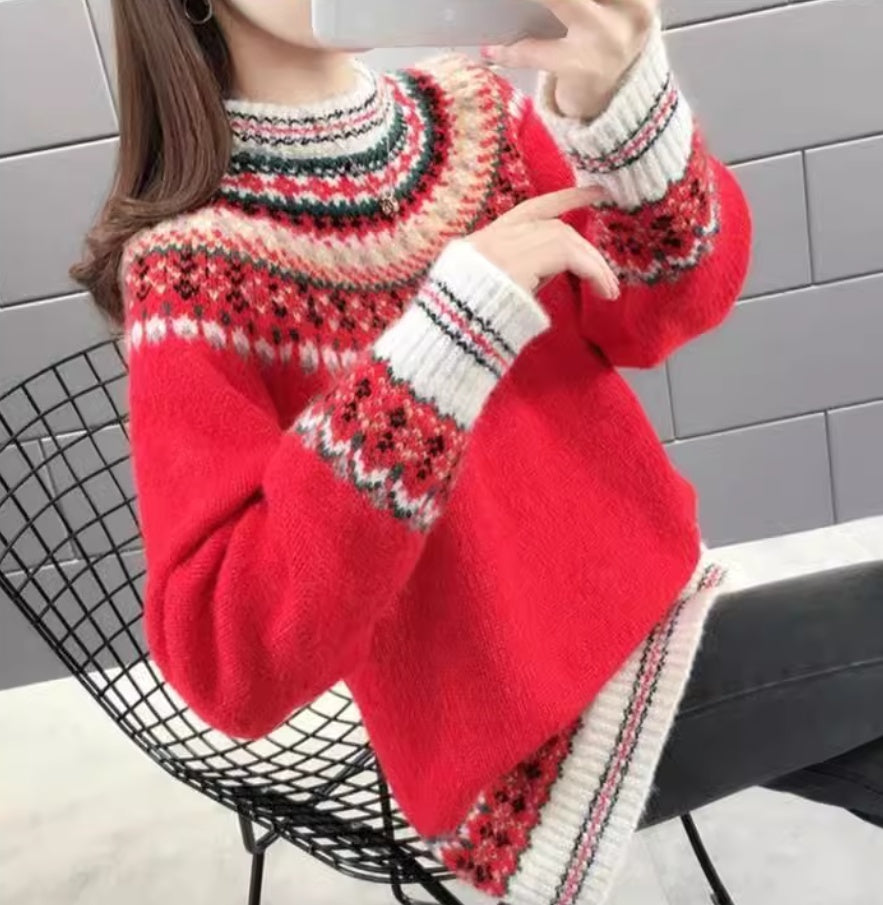 Loose Outerwear Vintage Jacquard Knit Sweater Top For Women