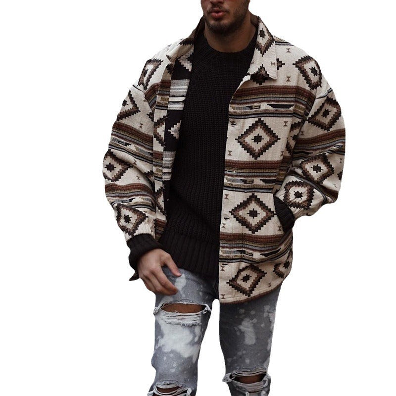 Printed Geometric Pattern Lapel Breasted Jacket