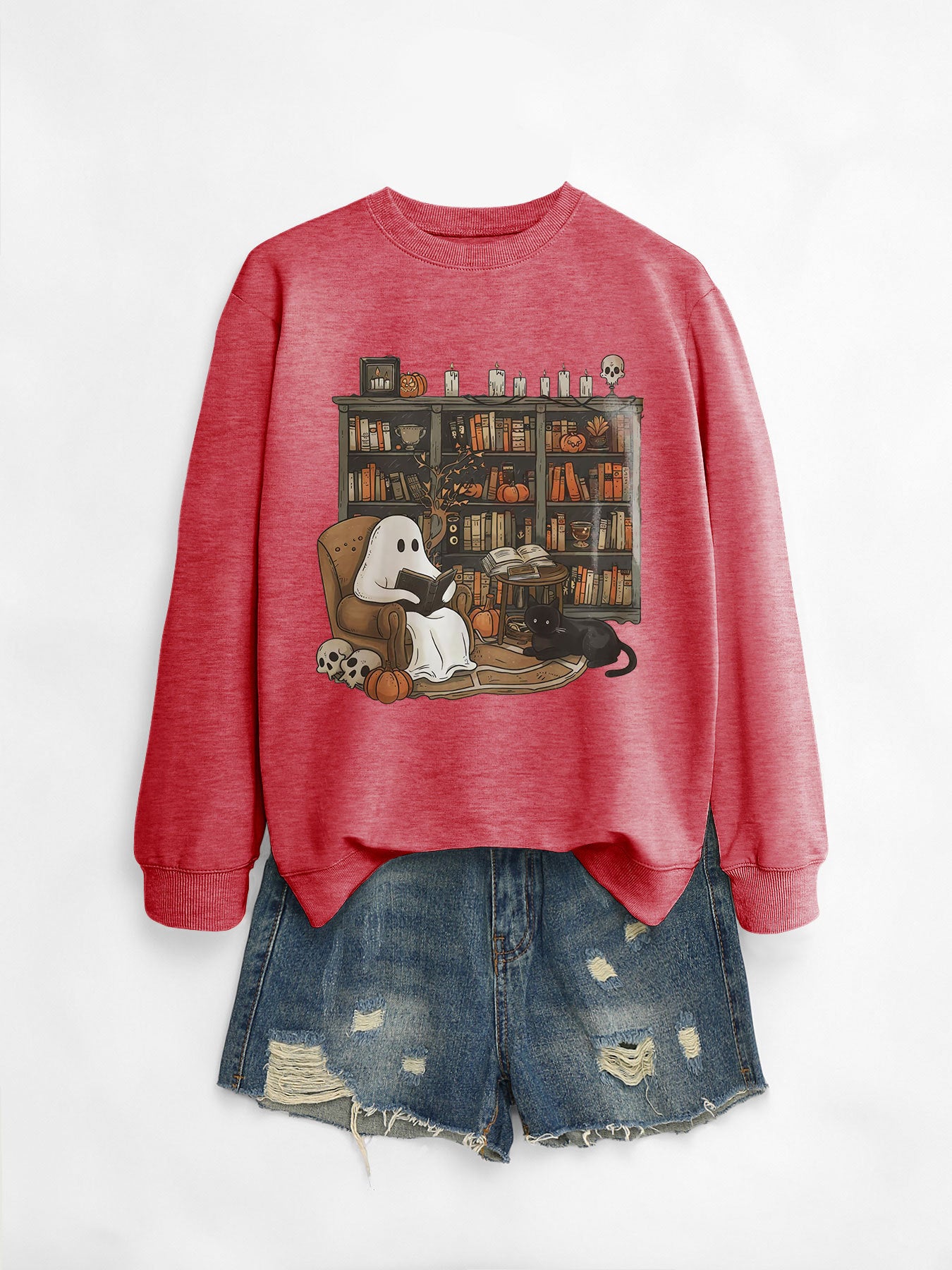 Womens Printed Bookshelf Ghost Black Cat Round Neck Sweater