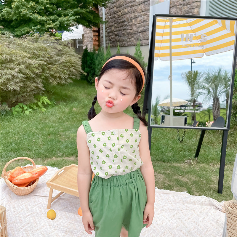 Girl Green Flower Camisole Top And  Shorts Two-piece Suit