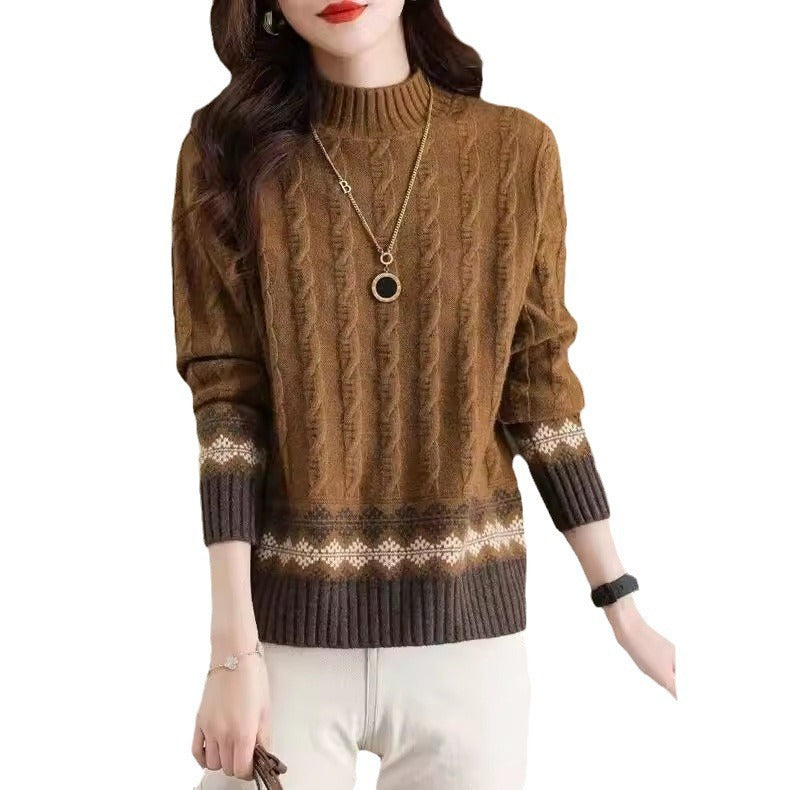 Women's Sweater Autumn And Winter New Half Turtleneck Twist Color Matching Shirt