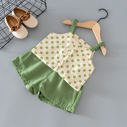 Girl Green Flower Camisole Top And  Shorts Two-piece Suit