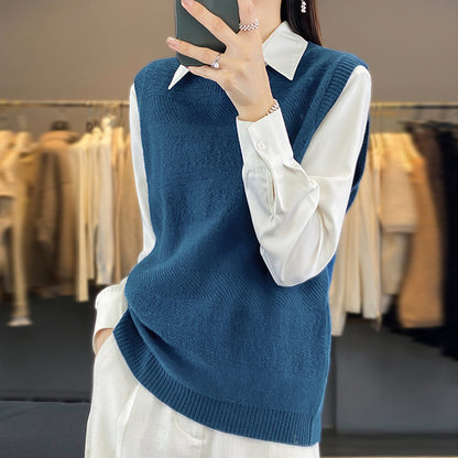 Women's Round Neck Knitted Pullover Cashmere Sweater Waistcoat Loose Wool Vest Slimming Vest