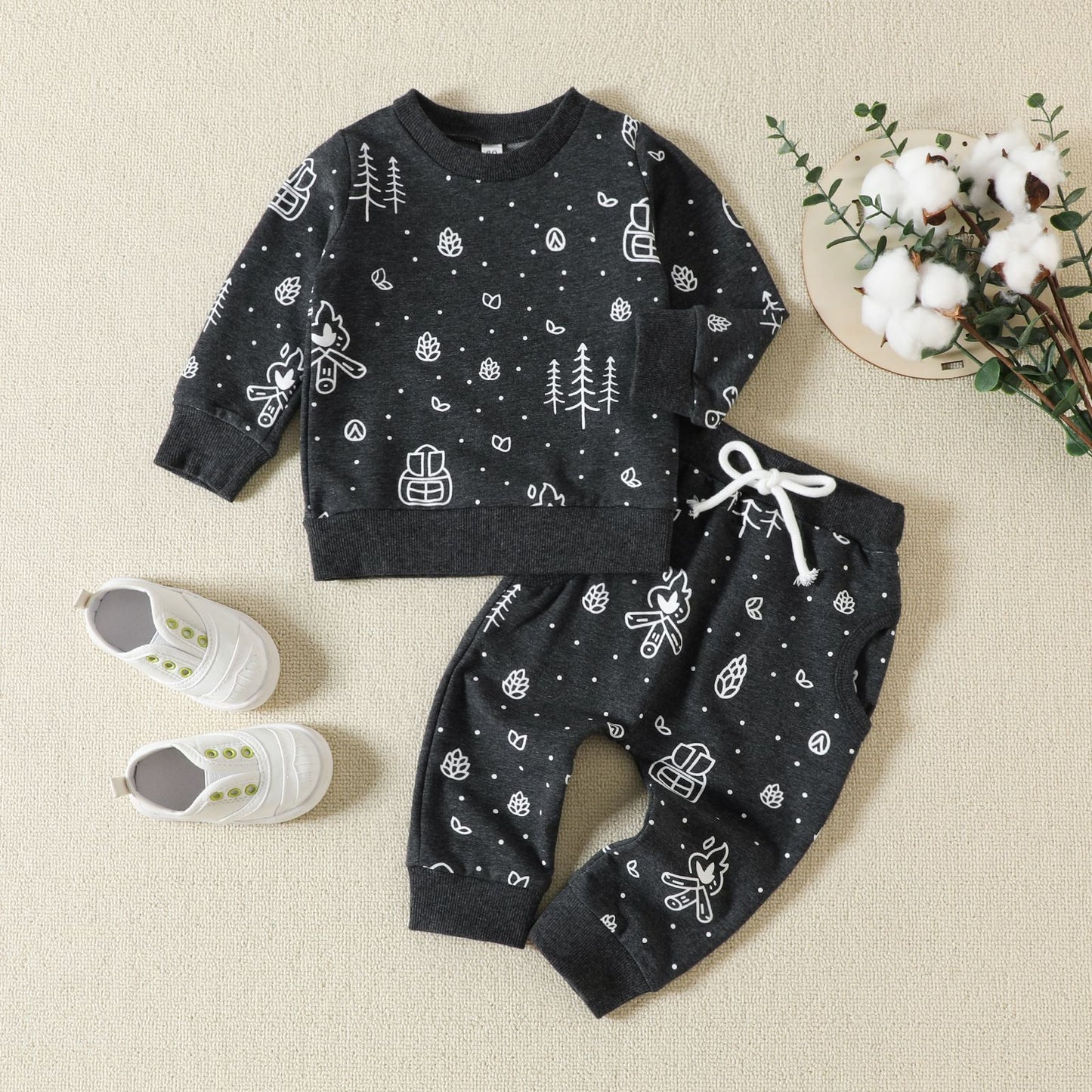 Children Cute Cartoon Printed Sweater Trousers Suit